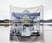 Miu Miu Silver Blue Lakeside Hotel Pop-Up Print Flannel Sofa Throw Blanket IMG_0525